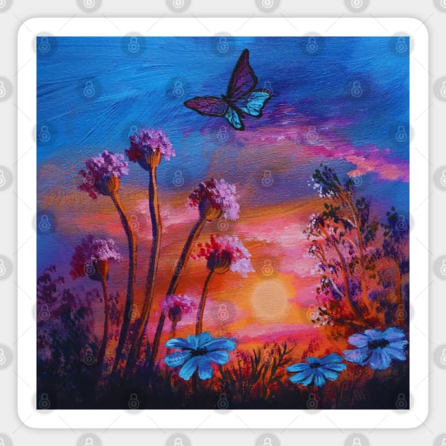 Nature Garden Flowers Botanical Butterfly Pink Orange Sunset Sticker by Tina